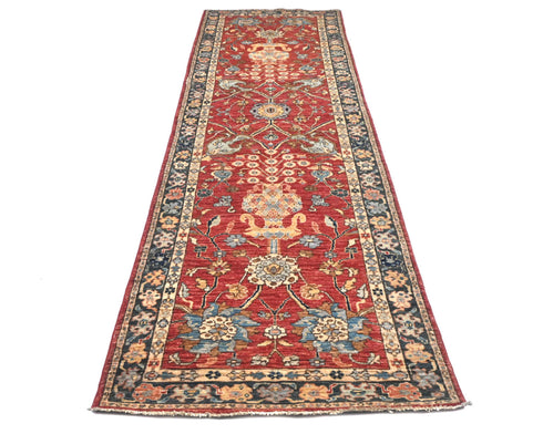 12 Ft Red Aryana Afghan Hand Knotted Veg Dye Wool Runner Rug